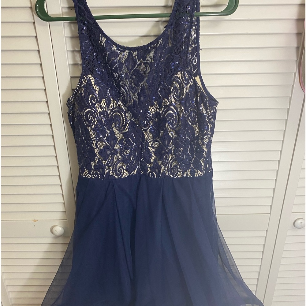 Long blue party dress.